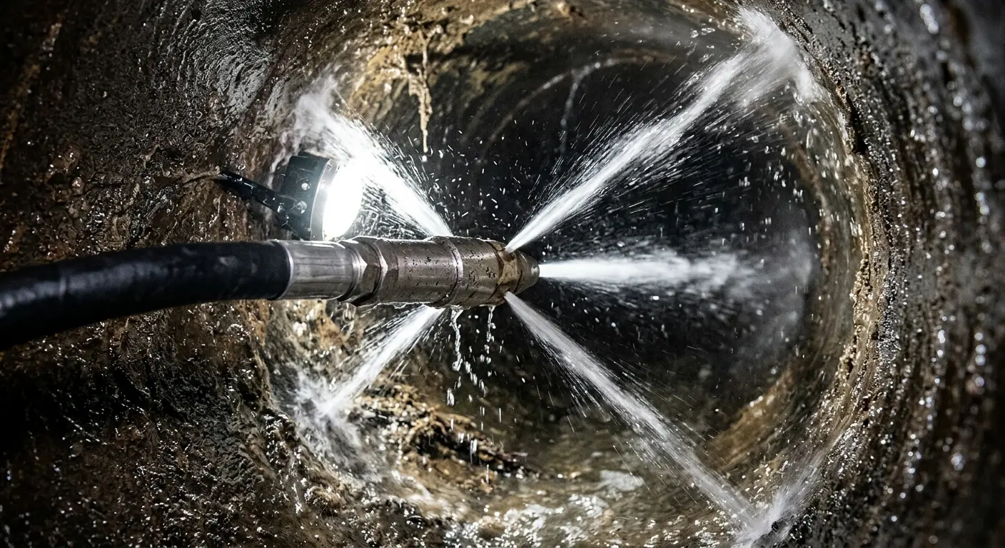 High-pressure hydro jetting nozzle cleaning sewer pipe for Trenchless Sewer Repair in Lawrenceburg