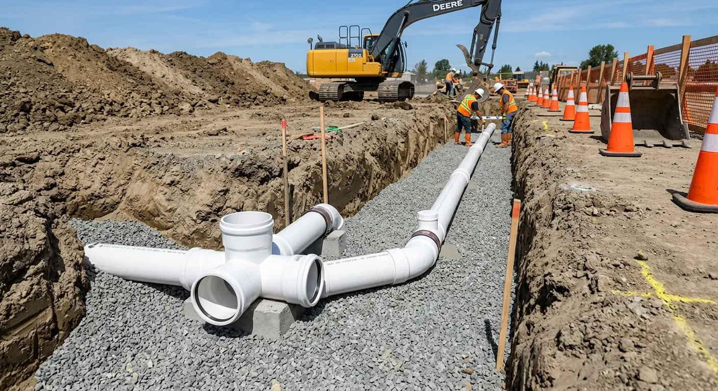 New PVC sewer pipe installation in open trench for Grease Trap Cleaning in Lawrenceburg