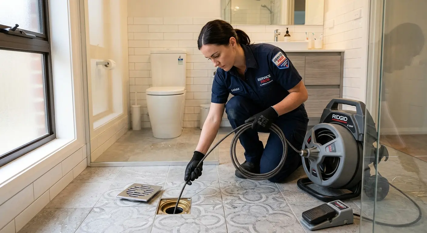 Technician clearing a bathroom floor drain for Drain Repair in Lawrenceburg